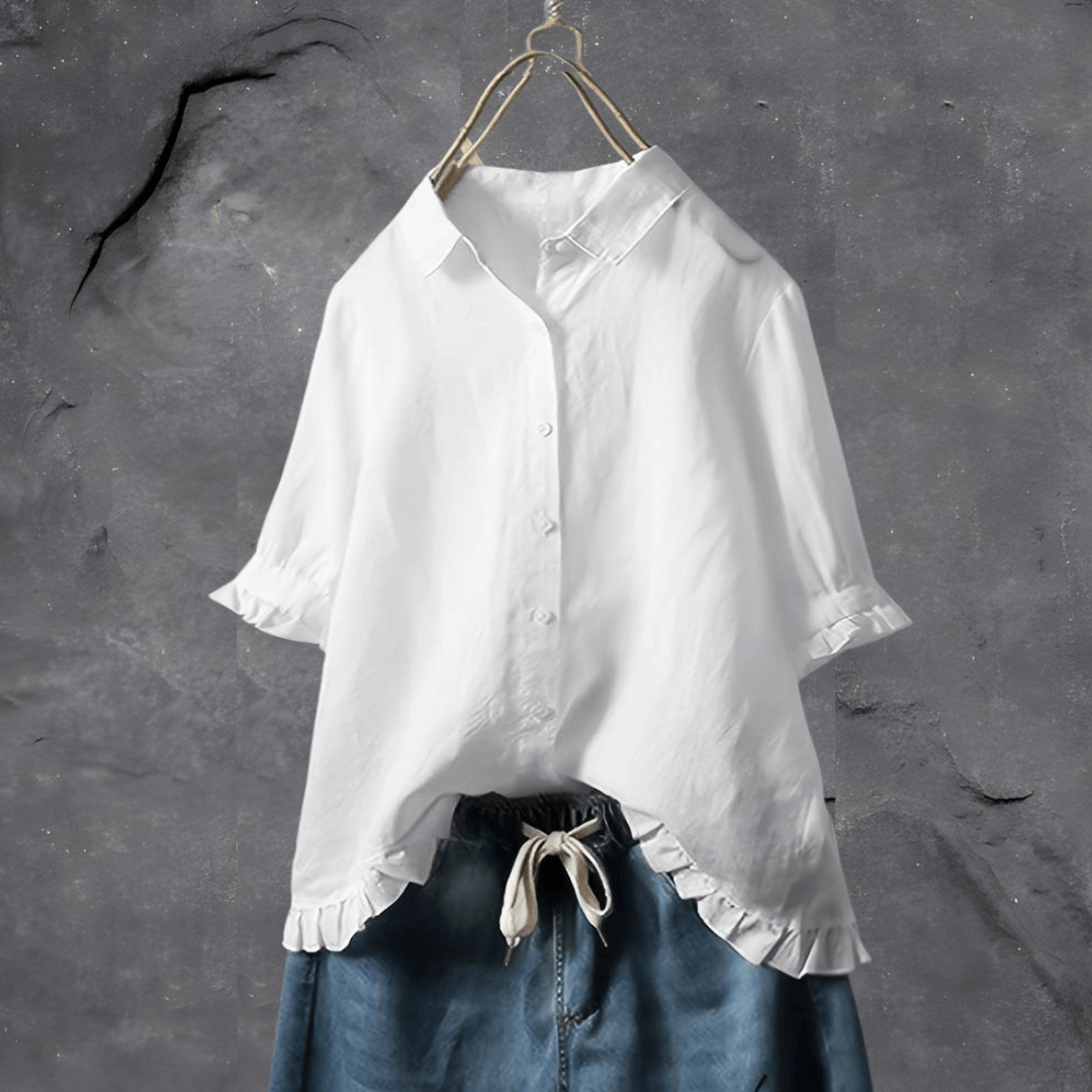 Women’s Short-Sleeved Blouse with Button Front and Ruffle Detail
