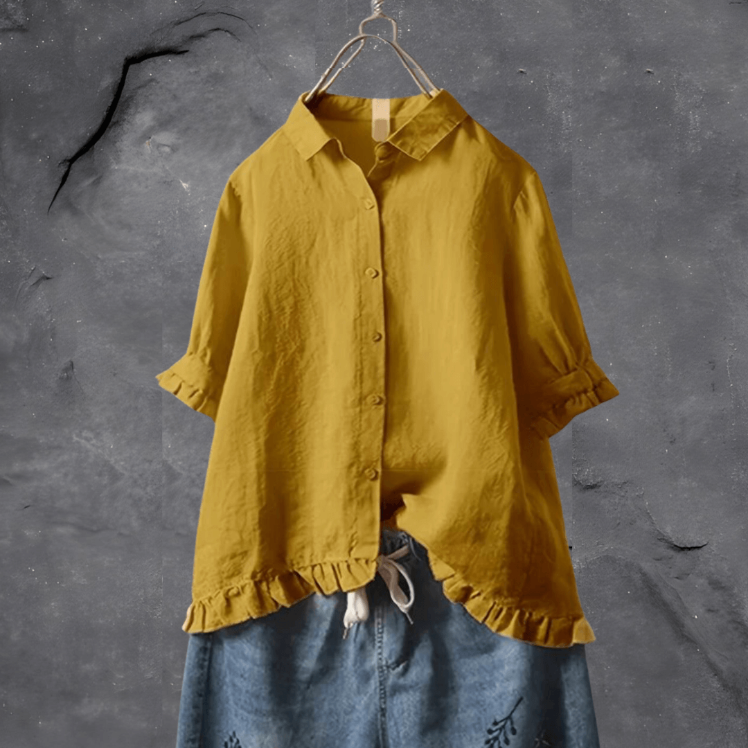Women’s Short-Sleeved Blouse with Button Front and Ruffle Detail