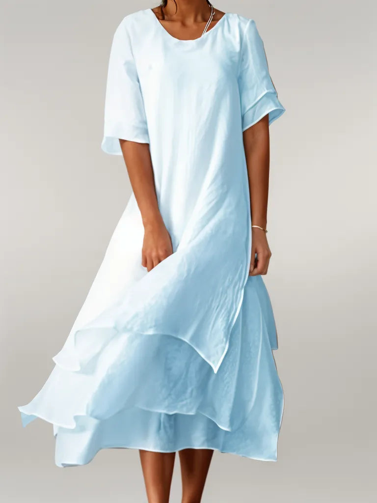 Women’s Short-Sleeved Layered Midi Dress with Round Neckline
