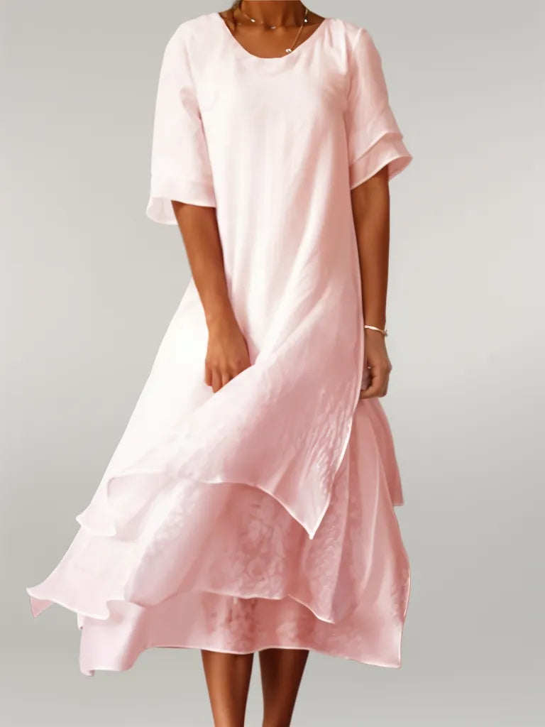 Women’s Short-Sleeved Layered Midi Dress with Round Neckline