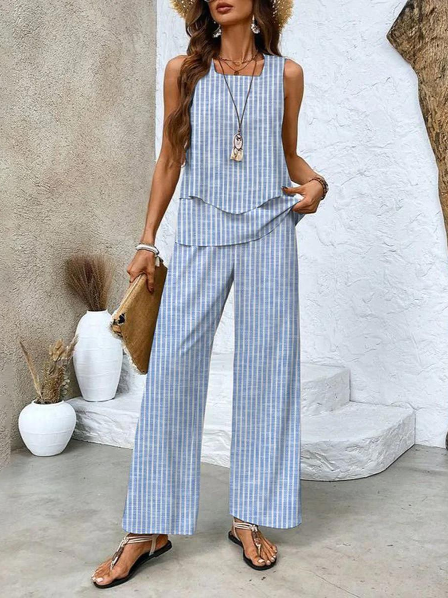 Women’s Sleeveless Two-Piece Set with Patterned Wide-Leg Pants