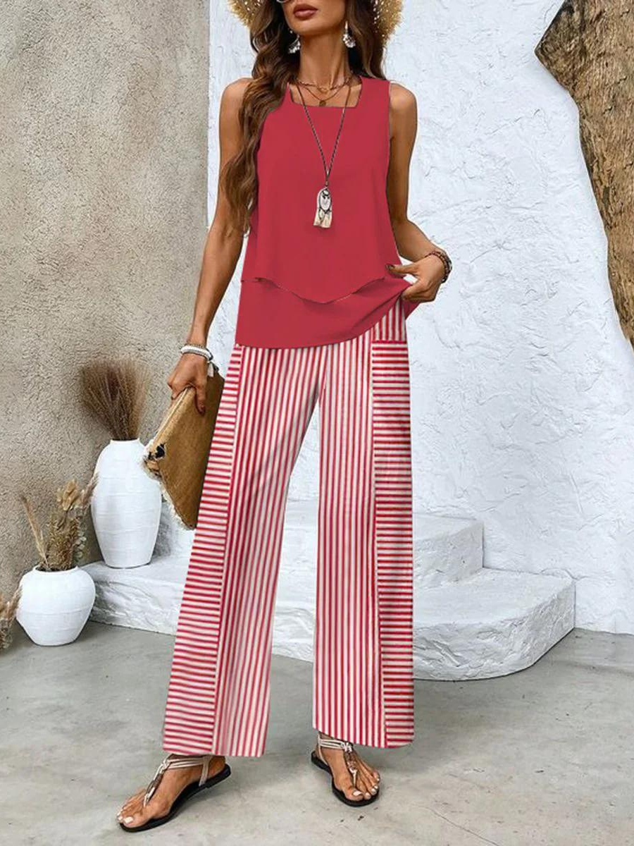 Women’s Sleeveless Two-Piece Set with Patterned Wide-Leg Pants