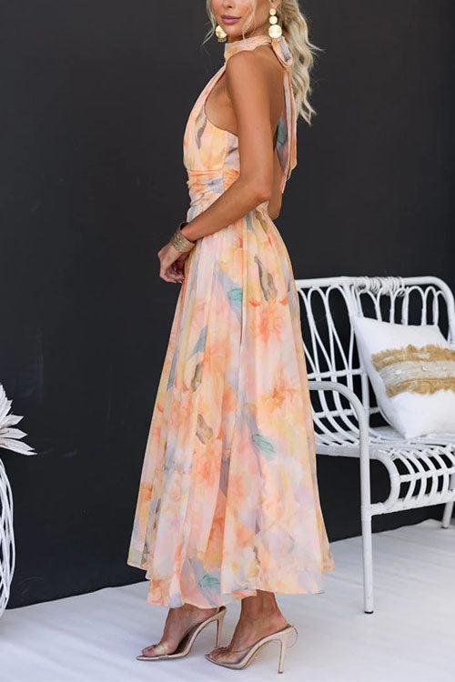 Women’s Halter Neck Maxi Dress with Floral Print and Tie-Back Design