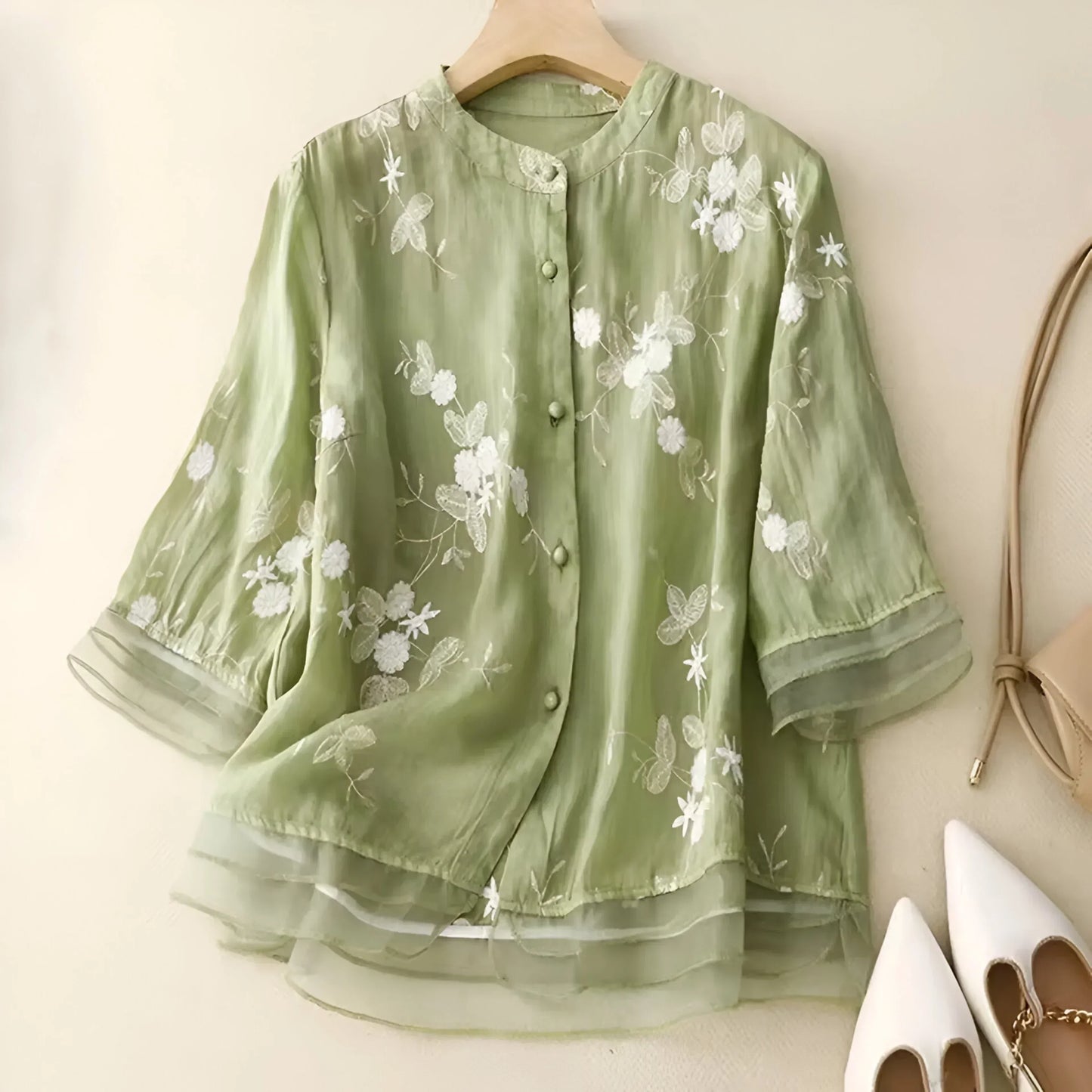 Women’s Long-Sleeved Blouse with Embroidery and Tiered Hem