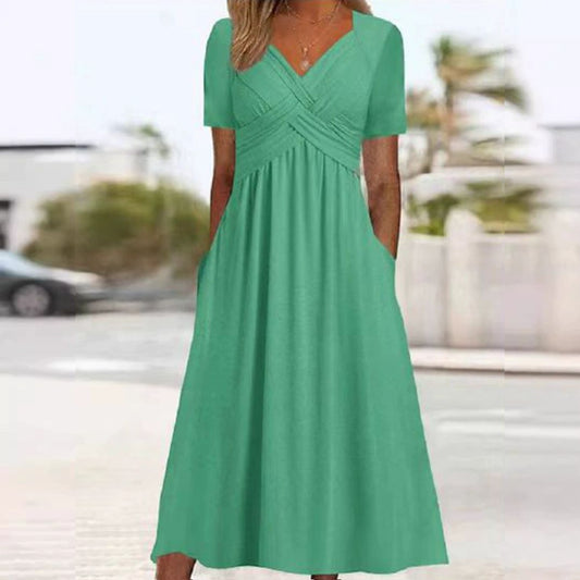 Women’s Short-Sleeved Maxi Dress with V-Neck and Pockets