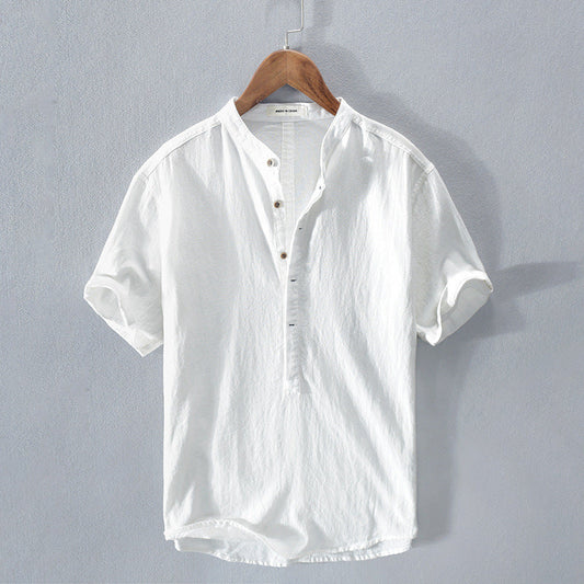 Men’s Short-Sleeved Shirt with Band Collar and Button Front