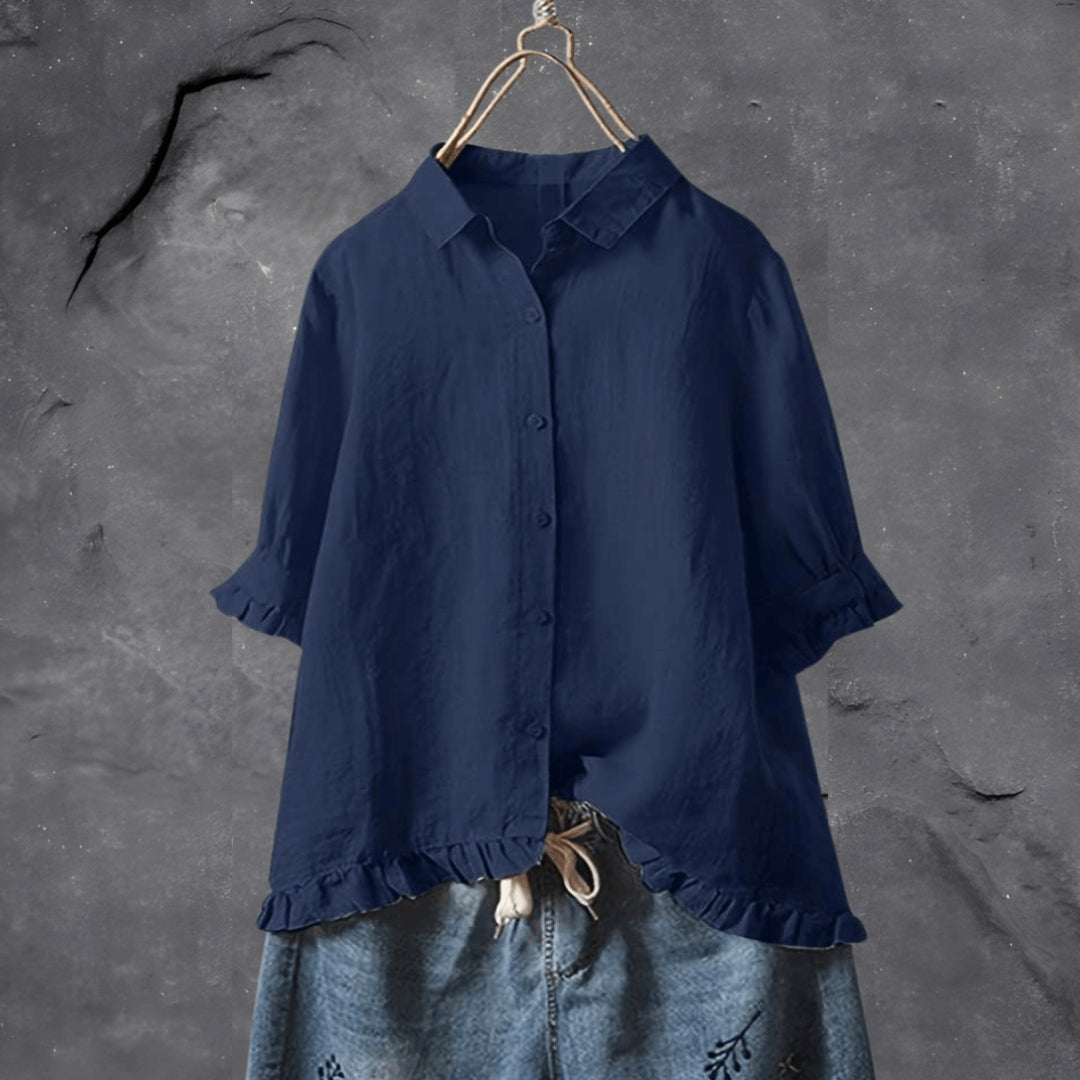 Women’s Short-Sleeved Blouse with Button Front and Ruffle Detail