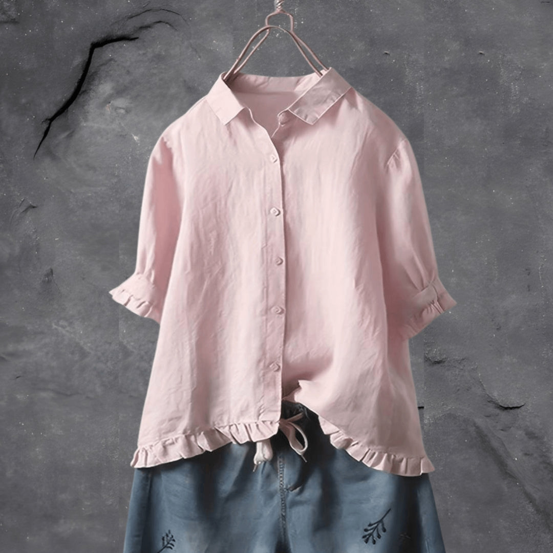 Women’s Short-Sleeved Blouse with Button Front and Ruffle Detail