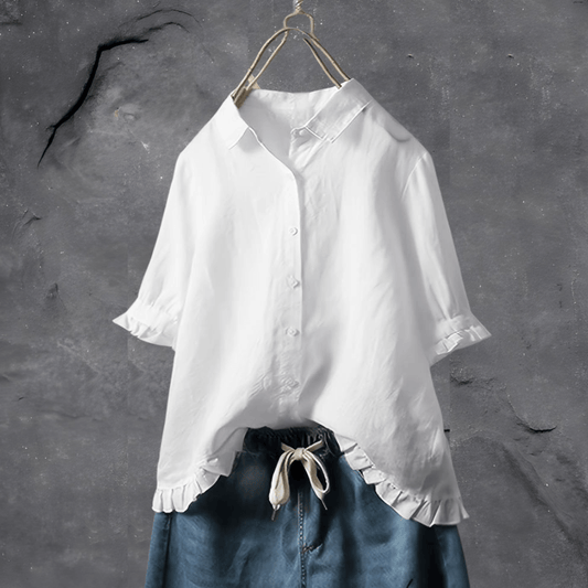 Women’s Short-Sleeved Blouse with Button Front and Ruffle Detail