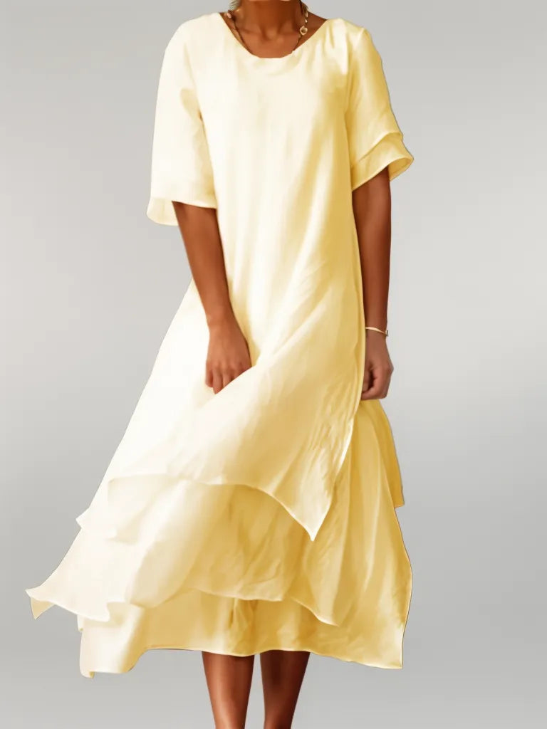 Women’s Short-Sleeved Layered Midi Dress with Round Neckline