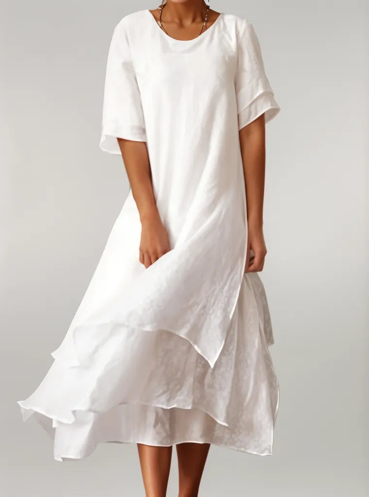 Women’s Short-Sleeved Layered Midi Dress with Round Neckline