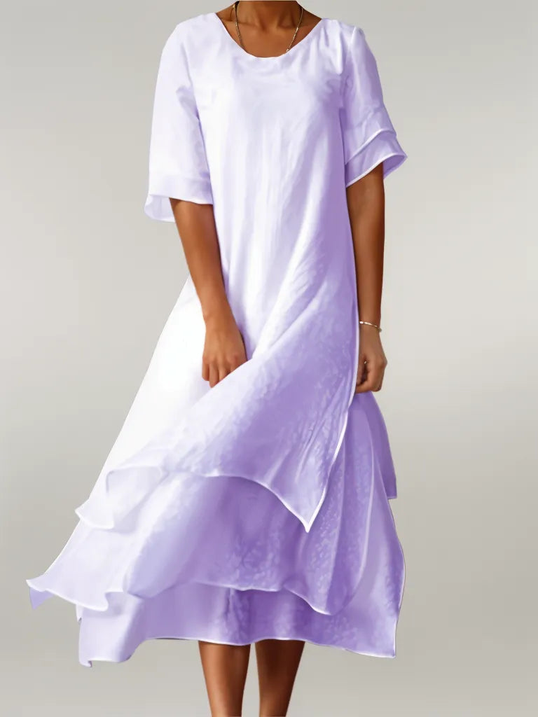 Women’s Short-Sleeved Layered Midi Dress with Round Neckline