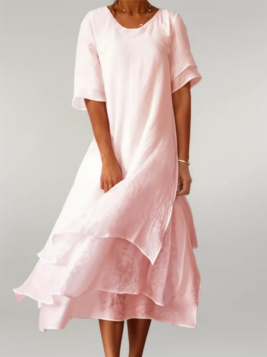 Women’s Short-Sleeved Layered Midi Dress with Round Neckline