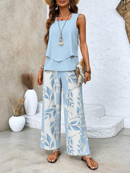 Women’s Sleeveless Two-Piece Set with Patterned Wide-Leg Pants