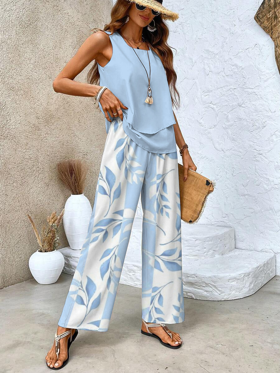 Women’s Sleeveless Two-Piece Set with Patterned Wide-Leg Pants