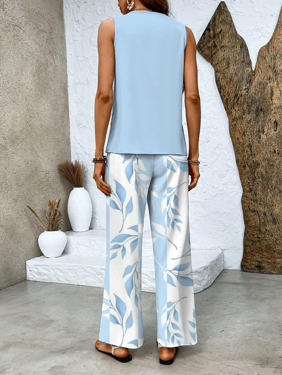 Women’s Sleeveless Two-Piece Set with Patterned Wide-Leg Pants
