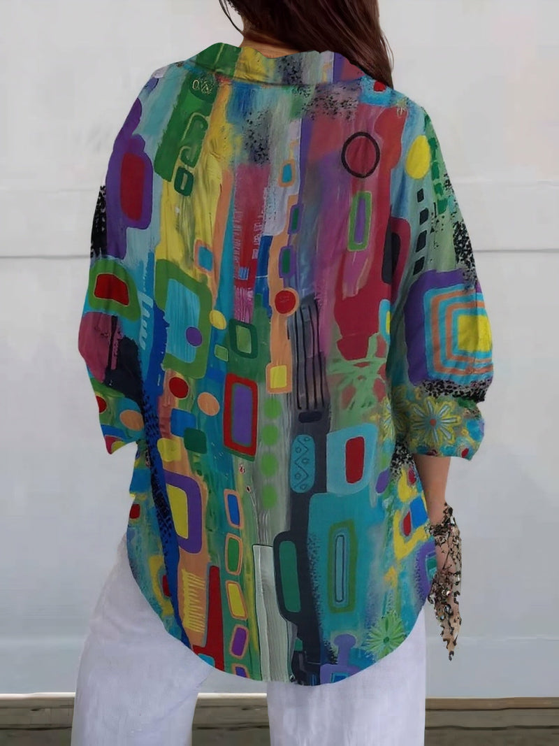 Geometric Print Button-Down Blouse for Women