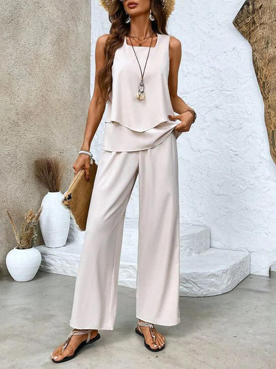 Women’s Sleeveless Two-Piece Set with Patterned Wide-Leg Pants