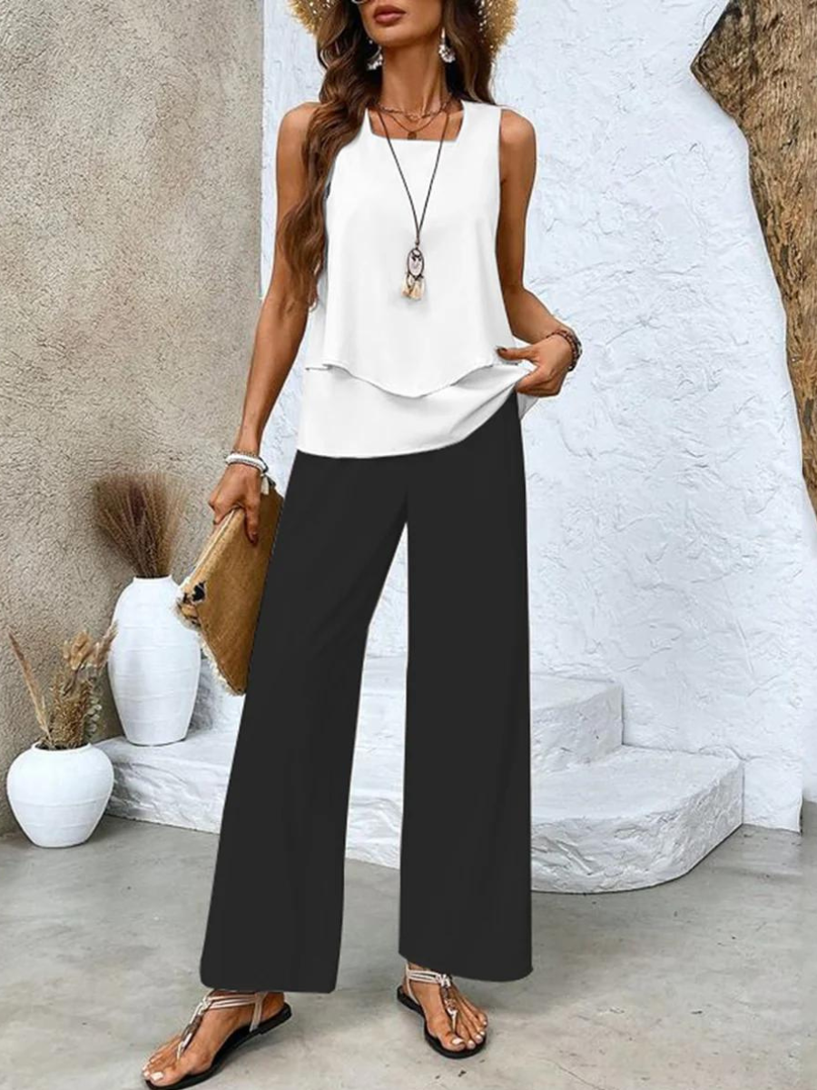 Women’s Sleeveless Two-Piece Set with Patterned Wide-Leg Pants