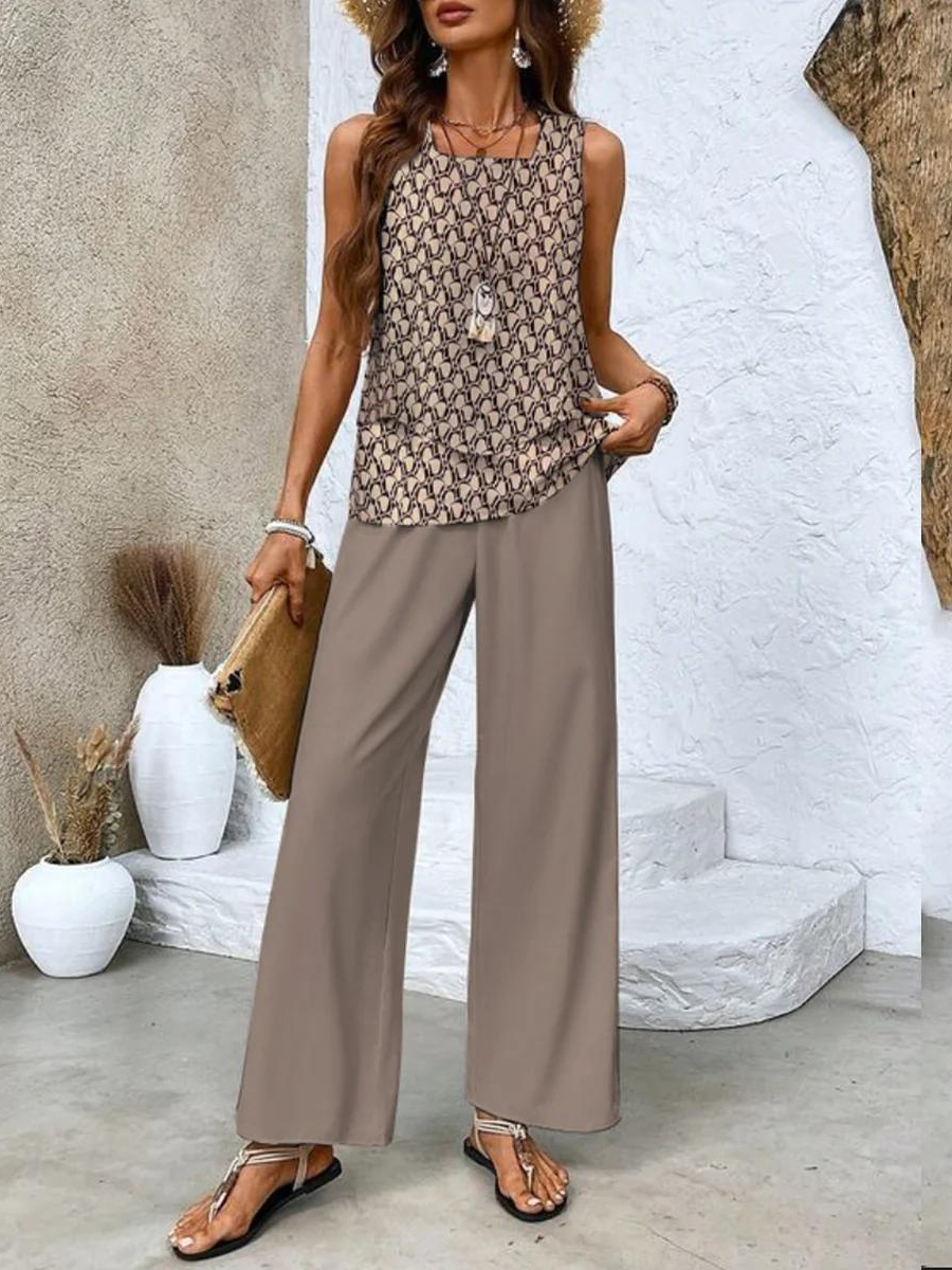 Women’s Sleeveless Two-Piece Set with Patterned Wide-Leg Pants