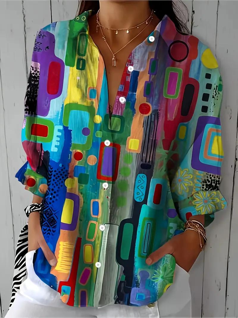 Geometric Print Button-Down Blouse for Women