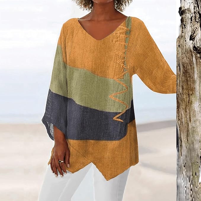 Cotton-Blend V-Neck Long Sleeve Blouse for Women