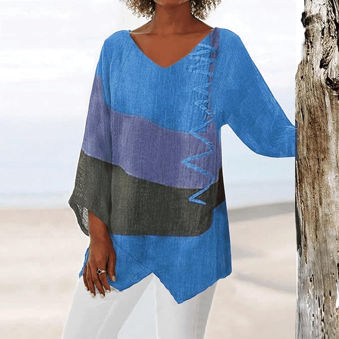 Cotton-Blend V-Neck Long Sleeve Blouse for Women