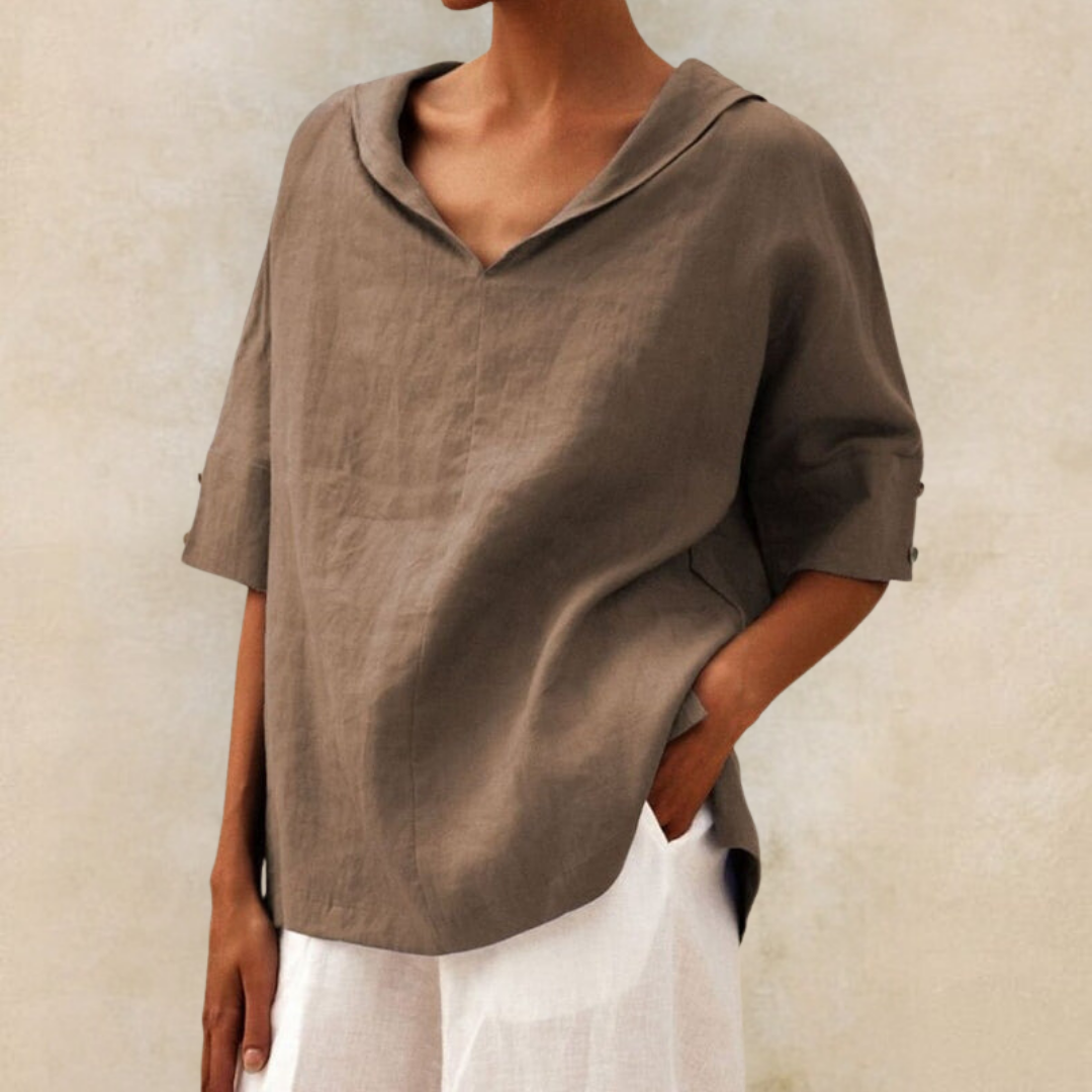 Women’s Short-Sleeved Textured Top with V-Neckline