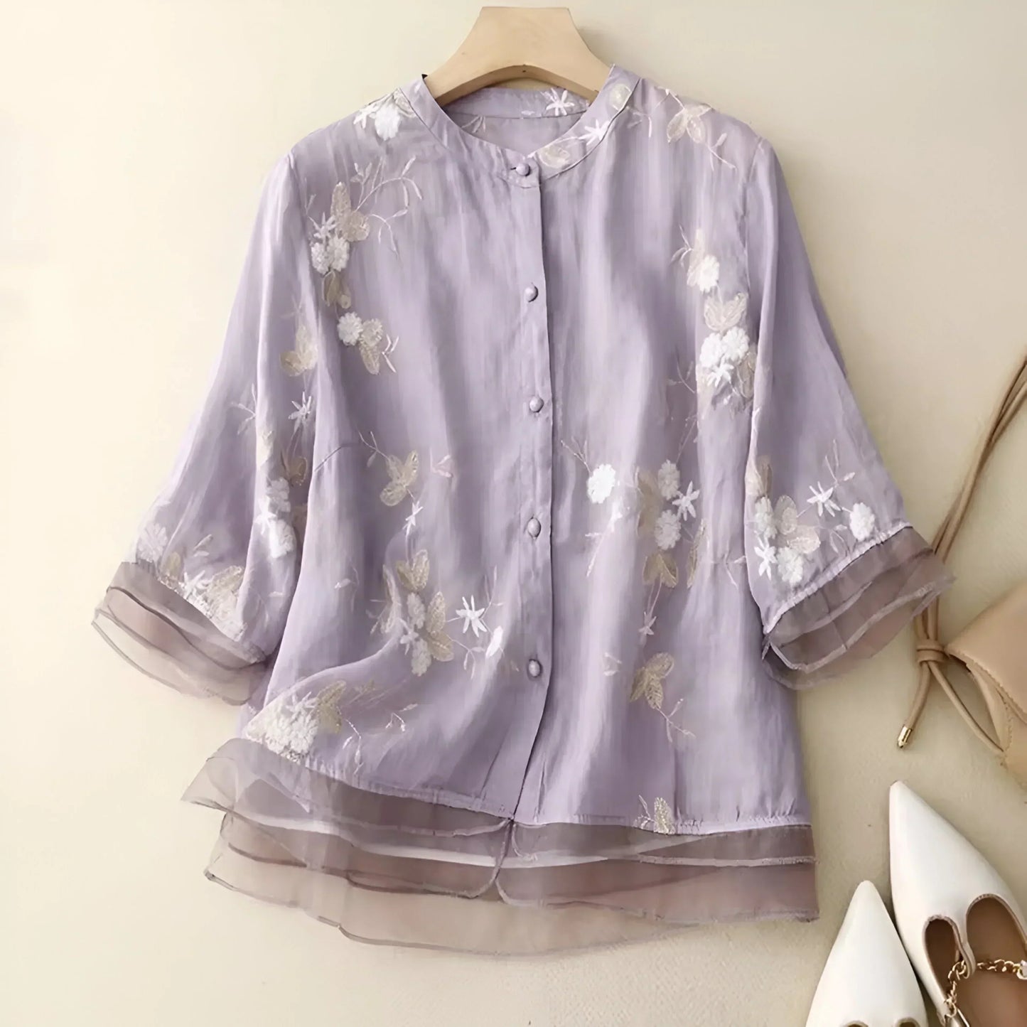 Women’s Long-Sleeved Blouse with Embroidery and Tiered Hem