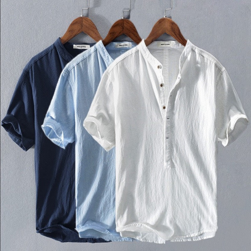 Men’s Short-Sleeved Shirt with Band Collar and Button Front