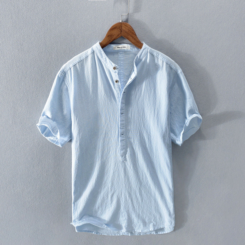 Men’s Short-Sleeved Shirt with Band Collar and Button Front