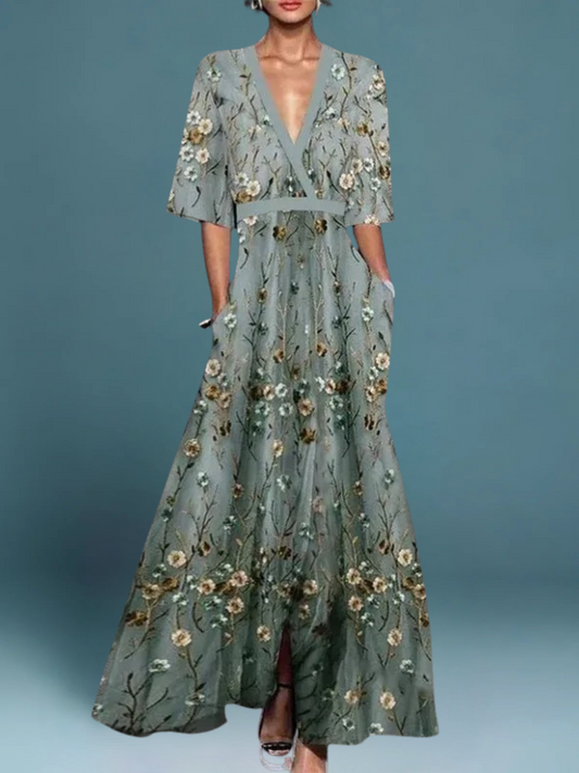 Women’s Floral Maxi Dress with Wrap Bodice and Flared Sleeves