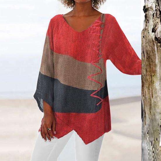 Women’s Long-Sleeved Textured Top with V-Neck and Asymmetrical Hem