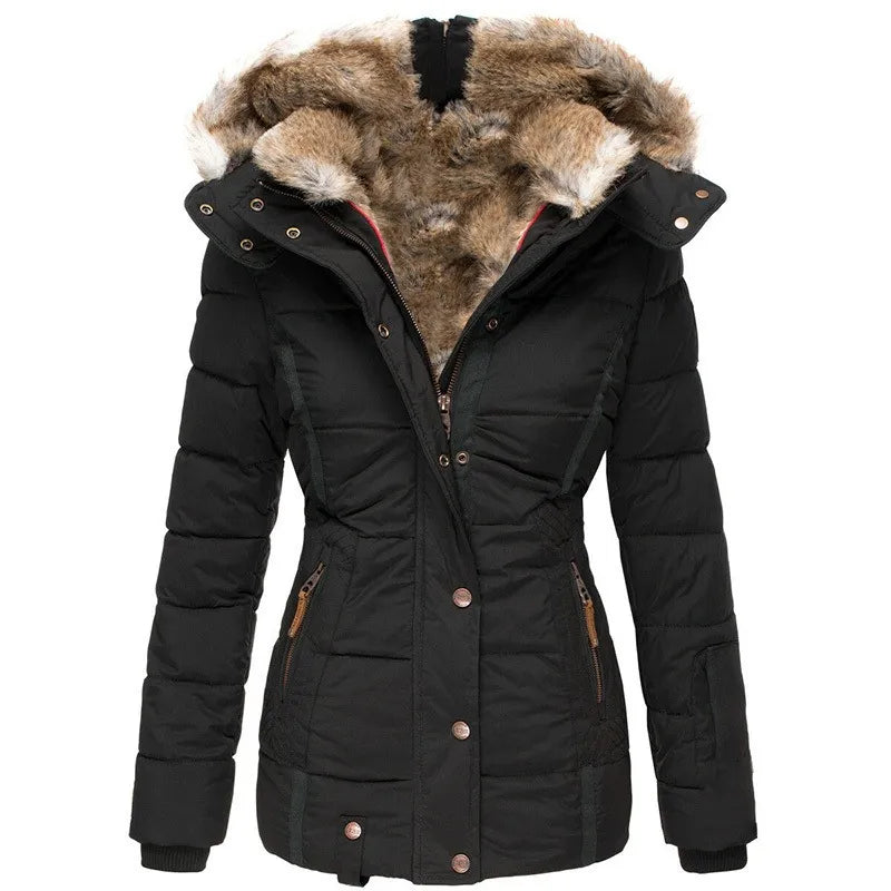 Women’s Quilted Jacket with Hood and Faux Trim Detailing